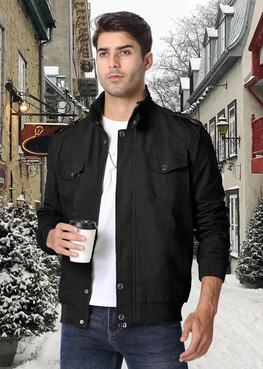 EKLENTSON Men's Winter Jacket with Multi Pockets Zip Front Thick Thermal Fleece Lined Coat Work Cargo Jacket for Men