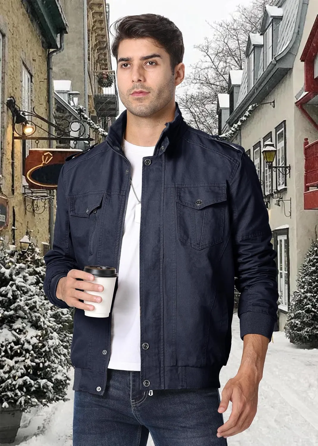 EKLENTSON Men's Winter Jacket with Multi Pockets Zip Front Thick Thermal Fleece Lined Coat Work Cargo Jacket for Men