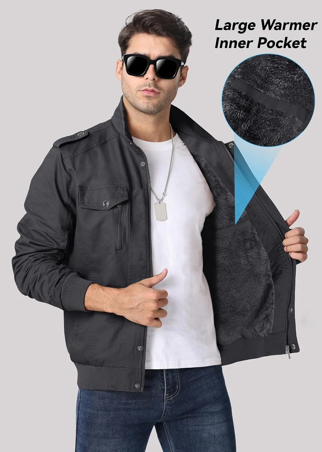 EKLENTSON Men's Winter Jacket with Multi Pockets Zip Front Thick Thermal Fleece Lined Coat Work Cargo Jacket for Men