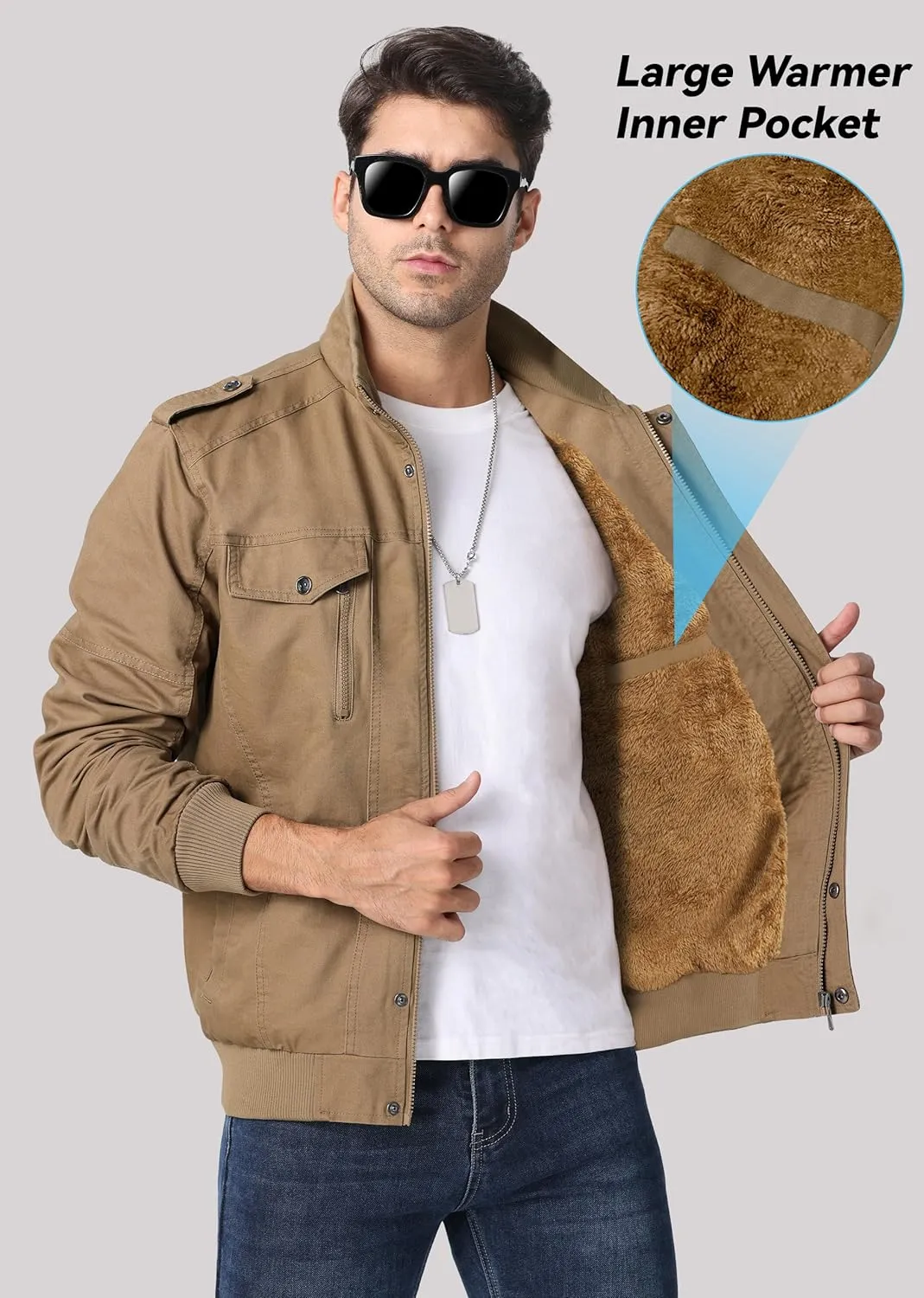 EKLENTSON Men's Winter Jacket with Multi Pockets Zip Front Thick Thermal Fleece Lined Coat Work Cargo Jacket for Men