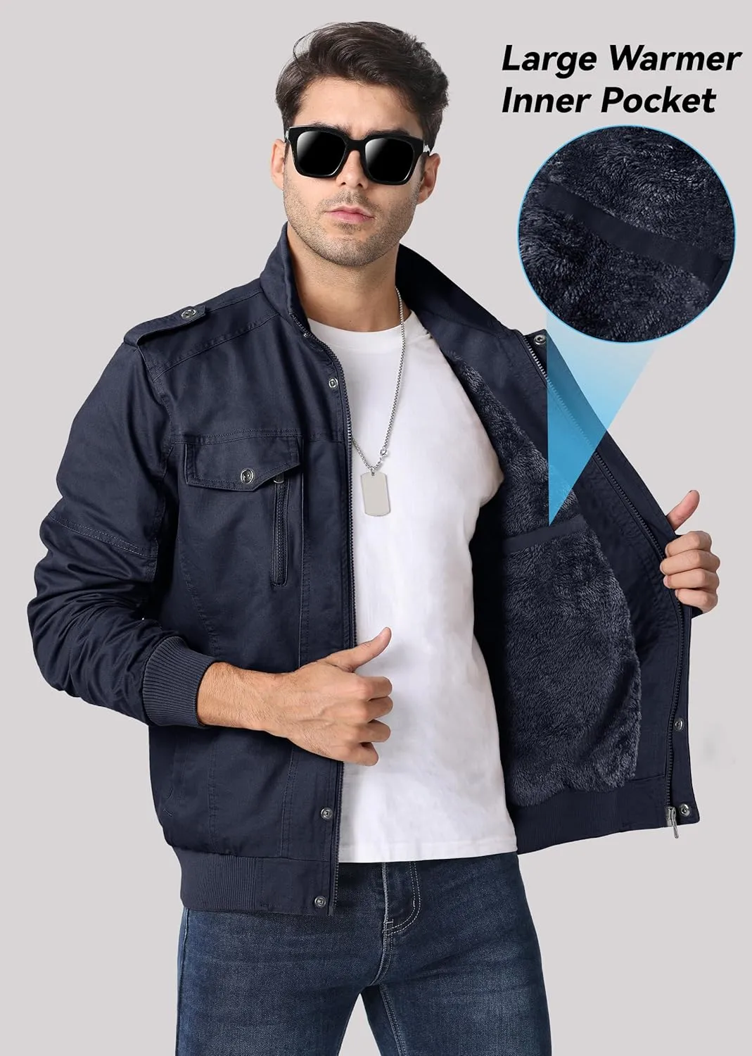 EKLENTSON Men's Winter Jacket with Multi Pockets Zip Front Thick Thermal Fleece Lined Coat Work Cargo Jacket for Men