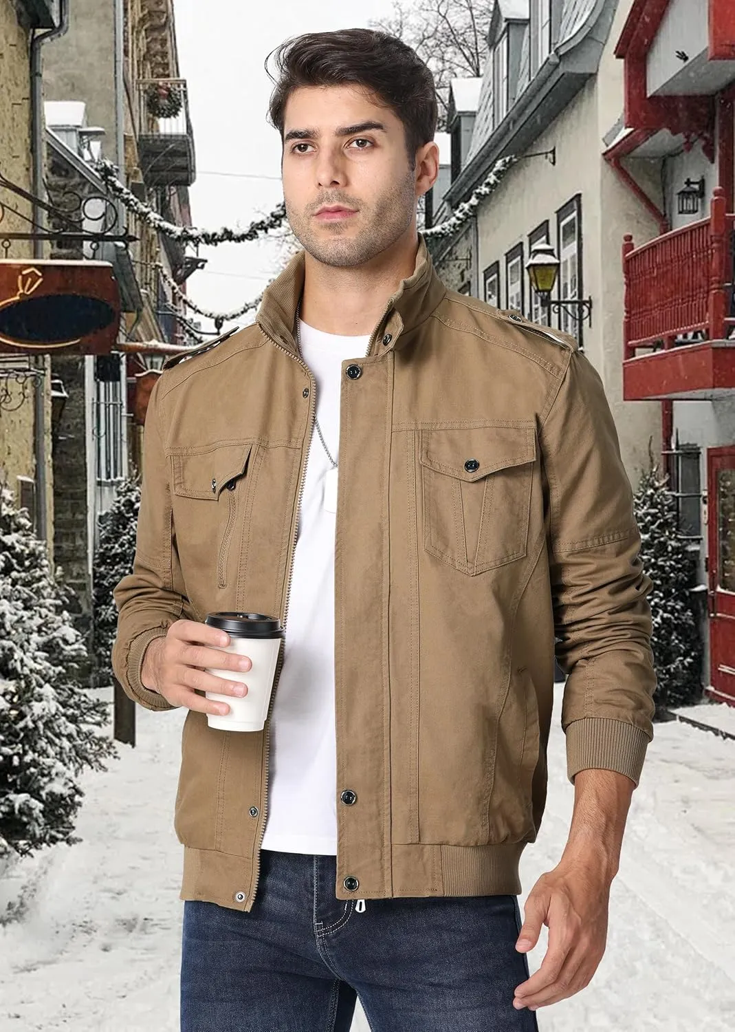 EKLENTSON Men's Winter Jacket with Multi Pockets Zip Front Thick Thermal Fleece Lined Coat Work Cargo Jacket for Men