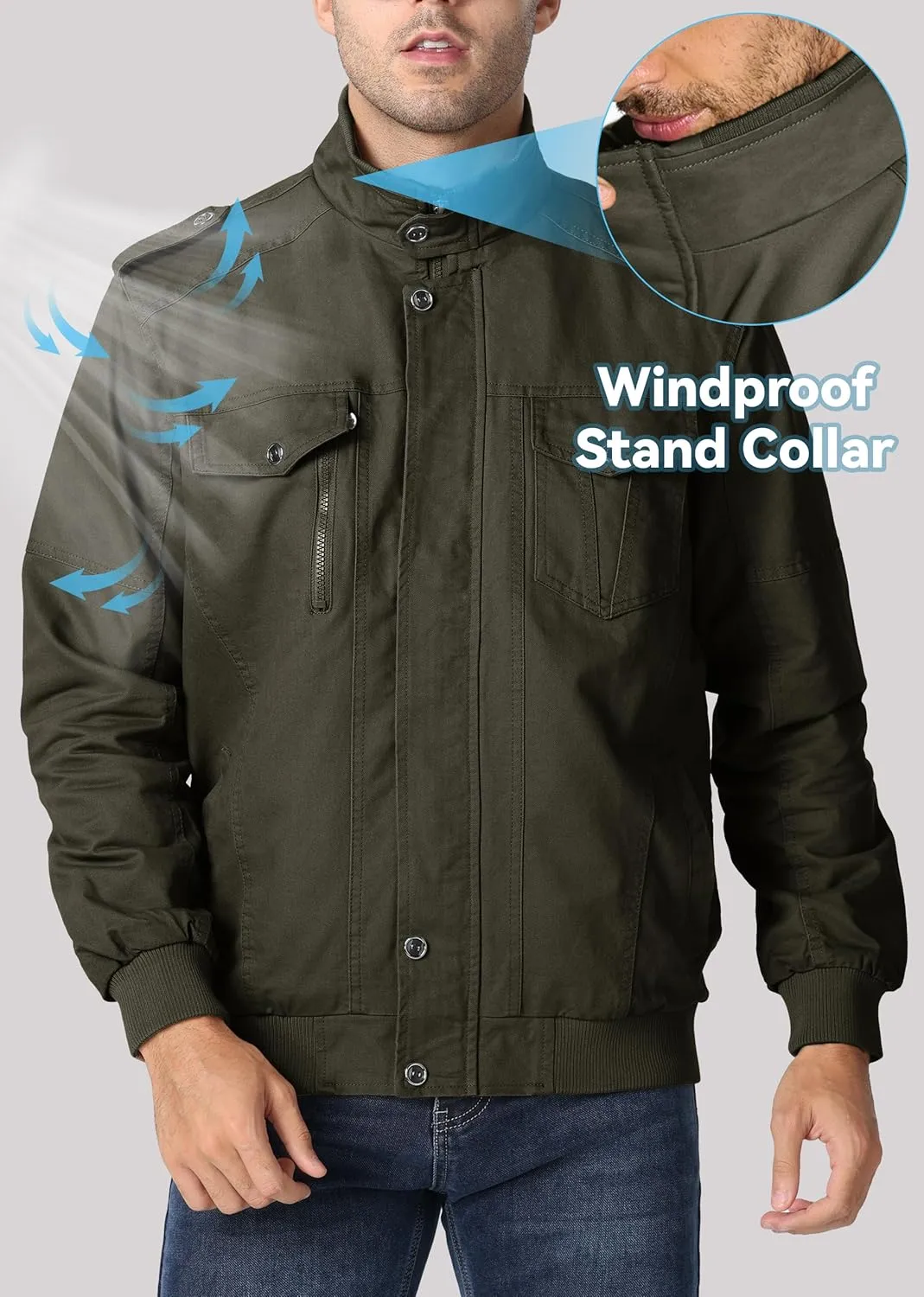 EKLENTSON Men's Winter Jacket with Multi Pockets Zip Front Thick Thermal Fleece Lined Coat Work Cargo Jacket for Men