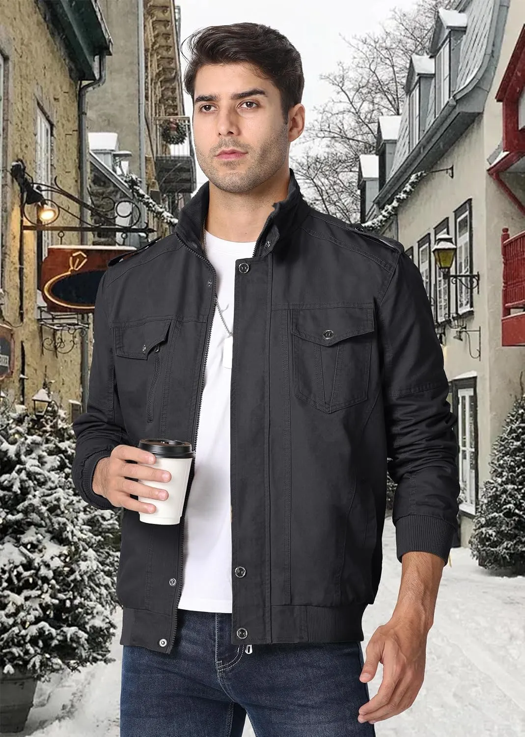 EKLENTSON Men's Winter Jacket with Multi Pockets Zip Front Thick Thermal Fleece Lined Coat Work Cargo Jacket for Men