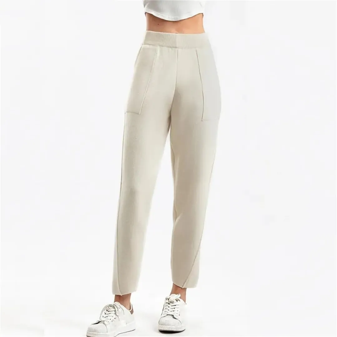 Elastic Waist with Pocket for Women Harem Pants Thick Knitted Striped Carrot Trousers