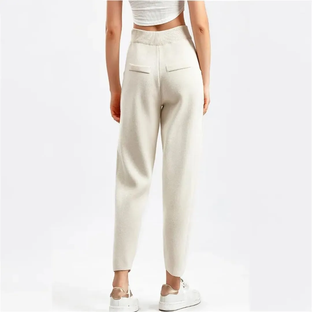 Elastic Waist with Pocket for Women Harem Pants Thick Knitted Striped Carrot Trousers