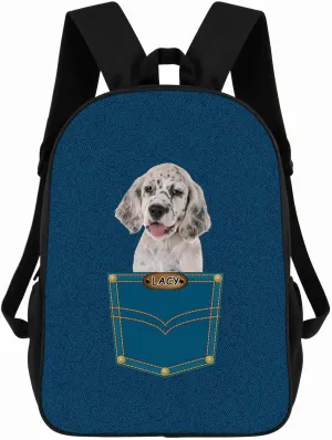 English Setter Backpack Bookbag Custom Blue Jeans Print Daypack Laptop Bag for Work Travel Hiking 17 Inch Lightweight Style 3