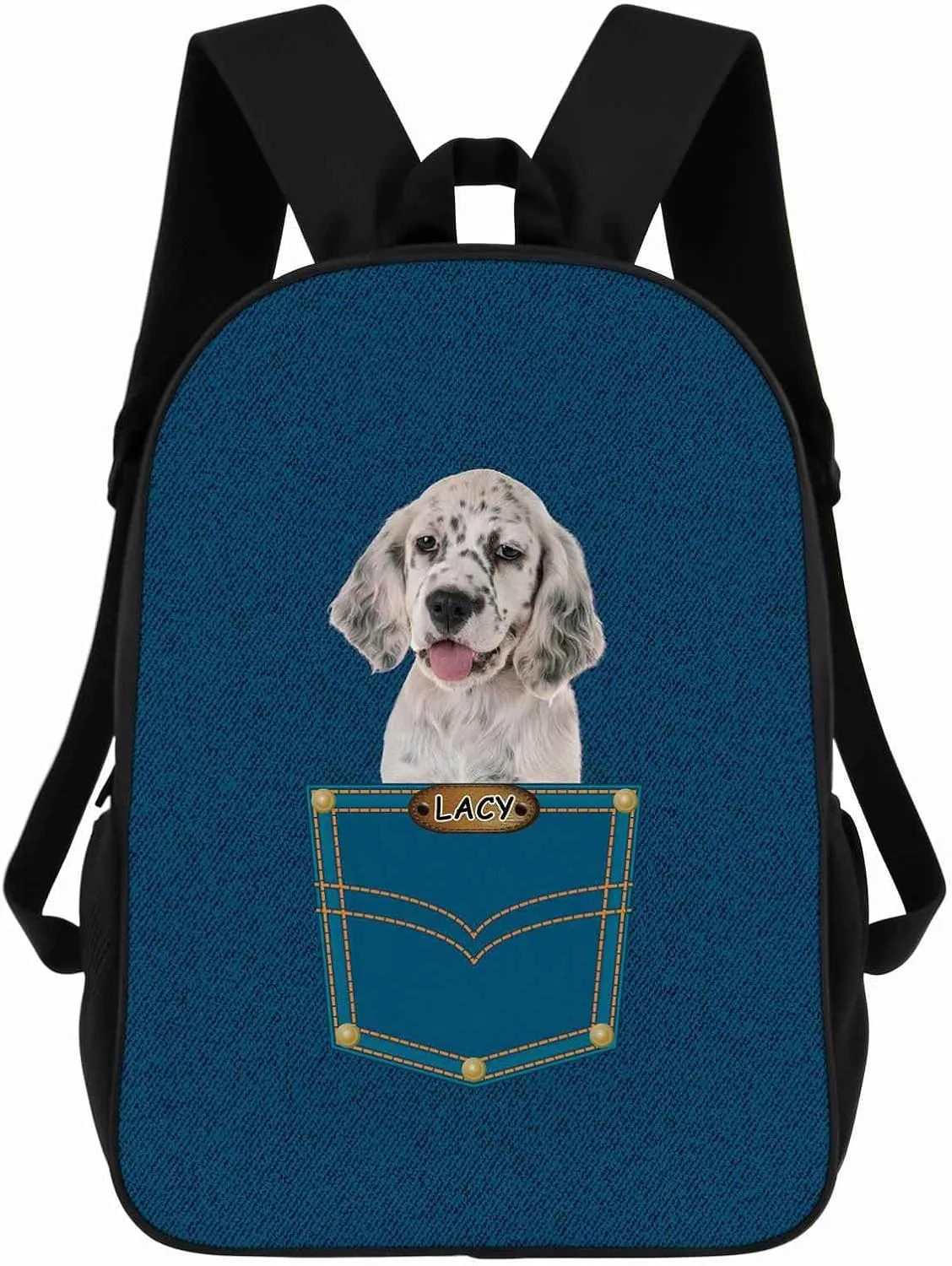 English Setter Backpack Bookbag Custom Blue Jeans Print Daypack Laptop Bag for Work Travel Hiking 17 Inch Lightweight Style 3