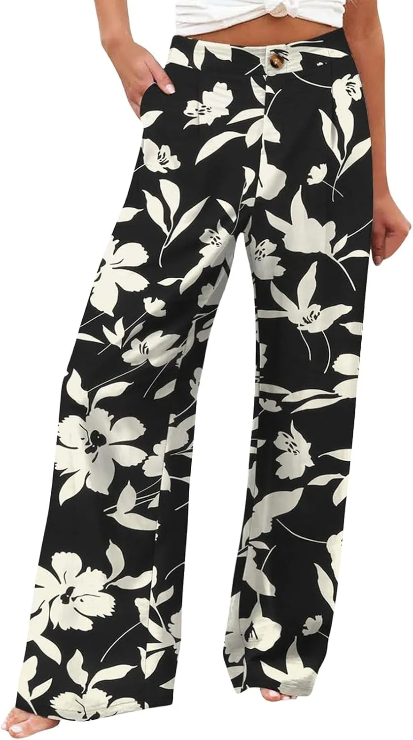 eoeioa High Waist Palazzo Pants for Women Dressy Button Business Work Pants Summer Beach Wide Leg Pants Trousers with Pockets