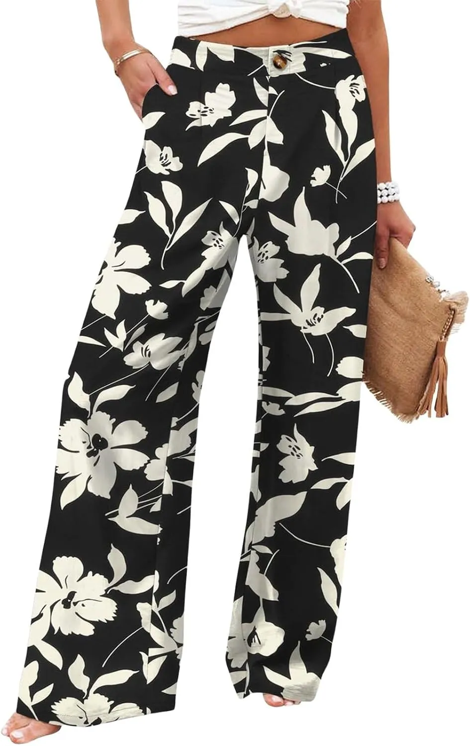 eoeioa High Waist Palazzo Pants for Women Dressy Button Business Work Pants Summer Beach Wide Leg Pants Trousers with Pockets