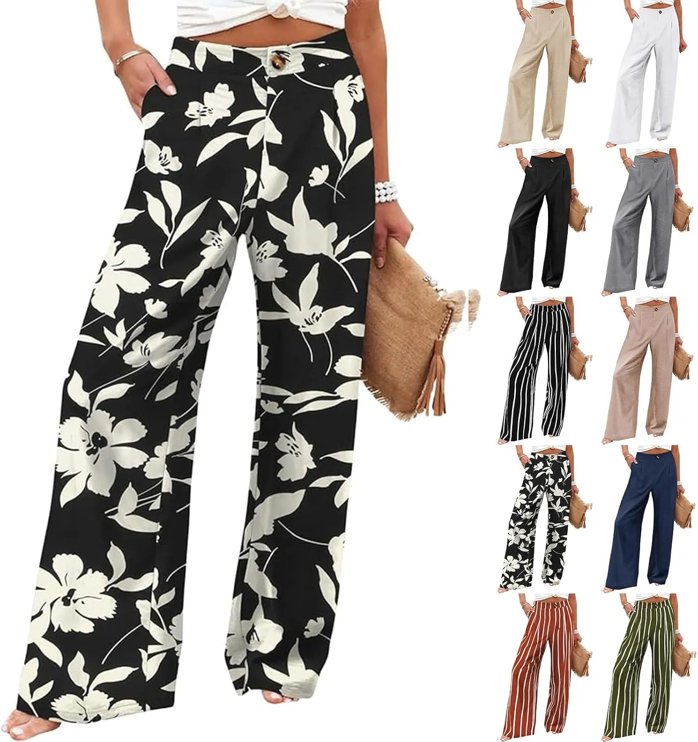 eoeioa High Waist Palazzo Pants for Women Dressy Button Business Work Pants Summer Beach Wide Leg Pants Trousers with Pockets