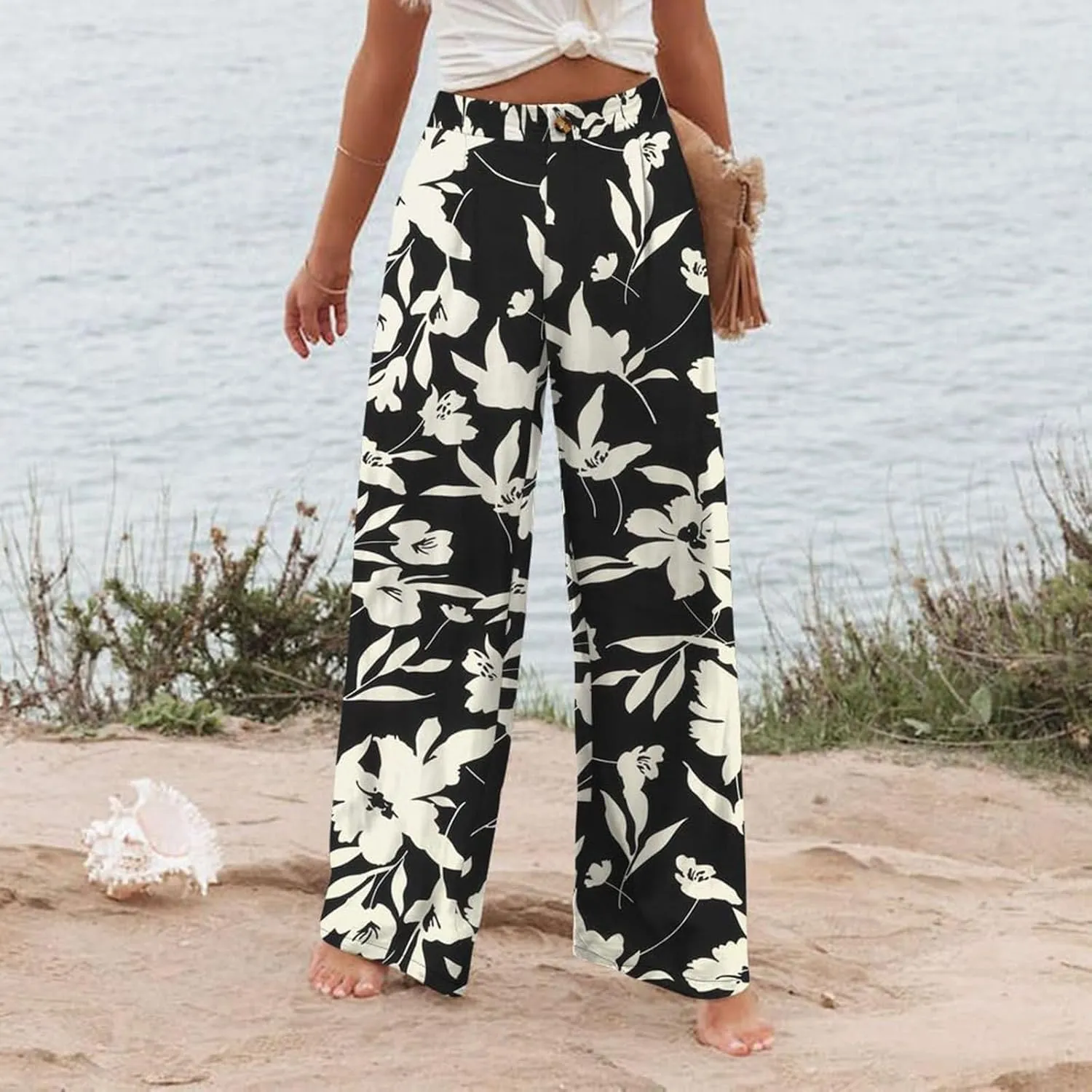 eoeioa High Waist Palazzo Pants for Women Dressy Button Business Work Pants Summer Beach Wide Leg Pants Trousers with Pockets