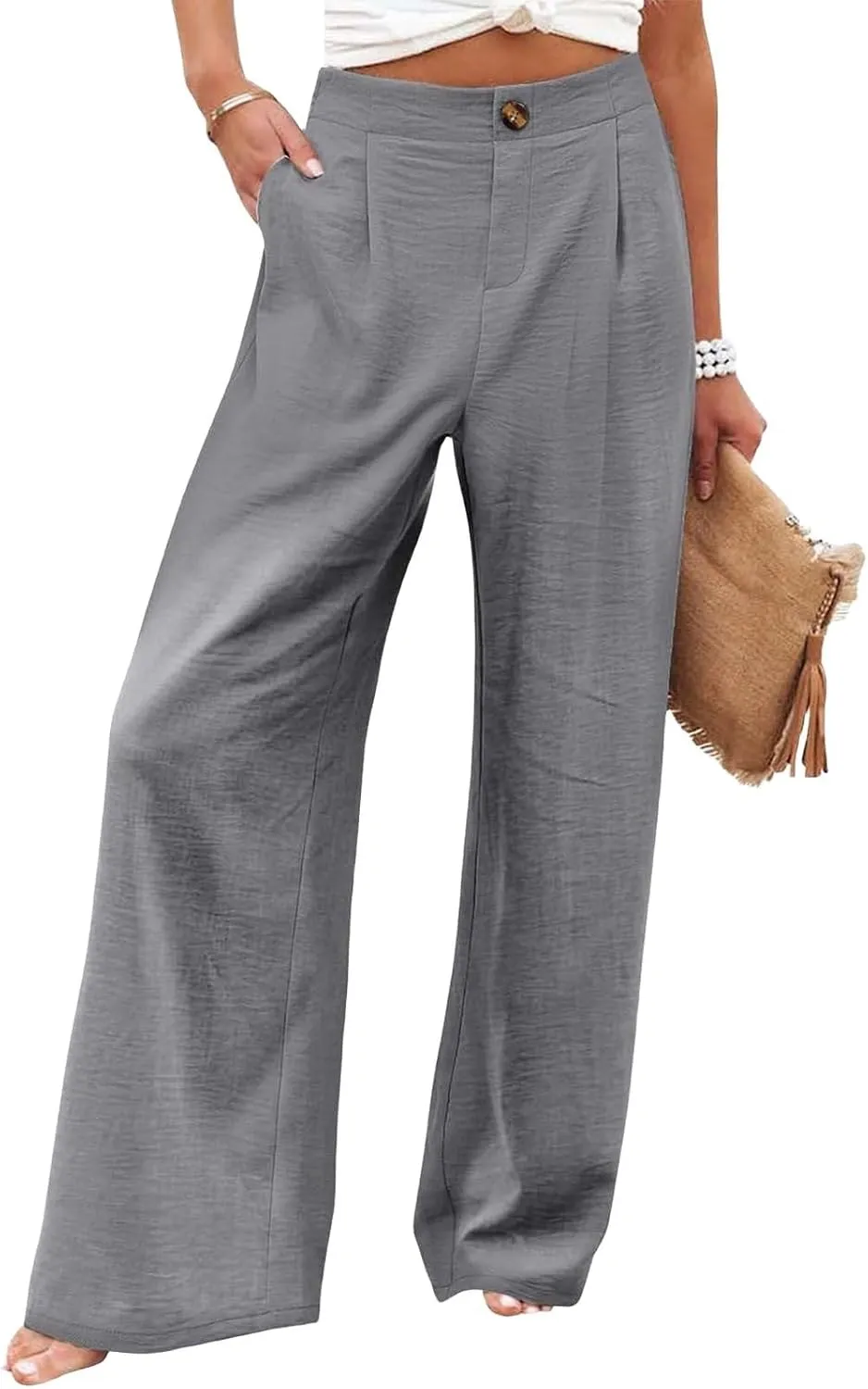 eoeioa High Waist Palazzo Pants for Women Dressy Button Business Work Pants Summer Beach Wide Leg Pants Trousers with Pockets
