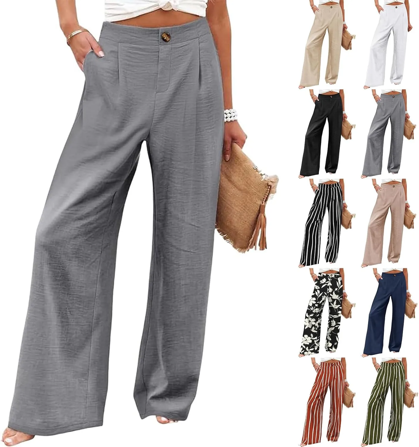 eoeioa High Waist Palazzo Pants for Women Dressy Button Business Work Pants Summer Beach Wide Leg Pants Trousers with Pockets