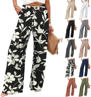 eoeioa High Waist Palazzo Pants for Women Dressy Button Business Work Pants Summer Beach Wide Leg Pants Trousers with Pockets