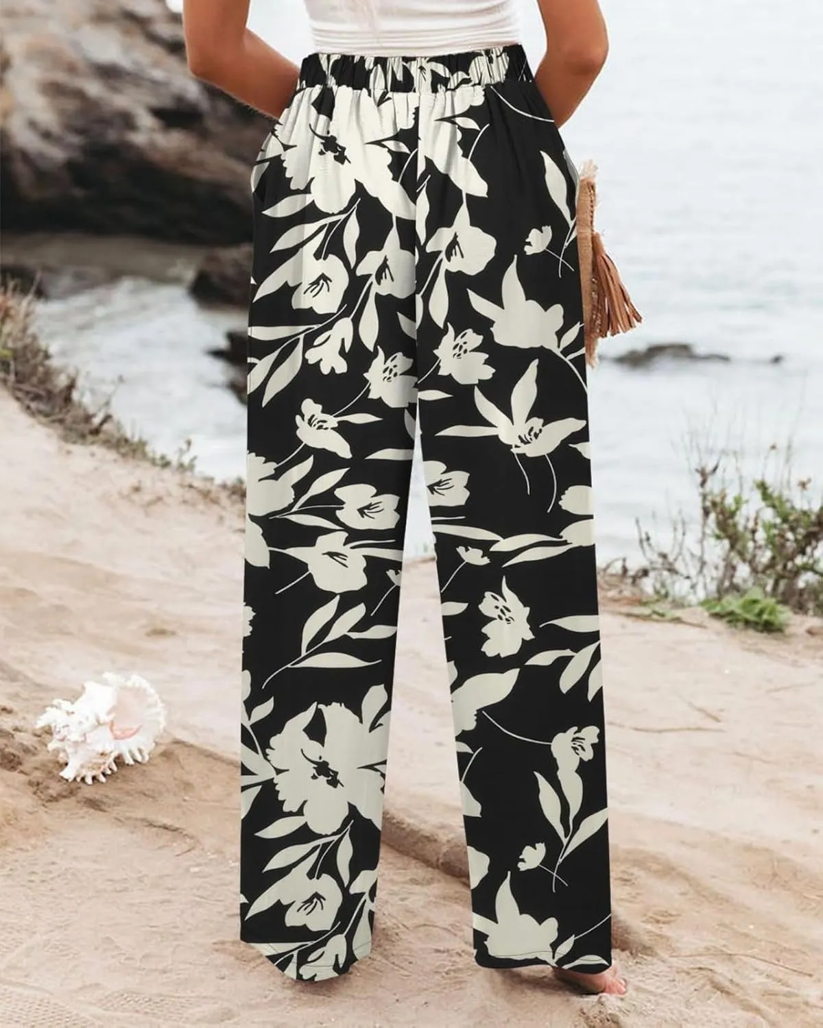 eoeioa High Waist Palazzo Pants for Women Dressy Button Business Work Pants Summer Beach Wide Leg Pants Trousers with Pockets