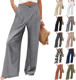 eoeioa High Waist Palazzo Pants for Women Dressy Button Business Work Pants Summer Beach Wide Leg Pants Trousers with Pockets