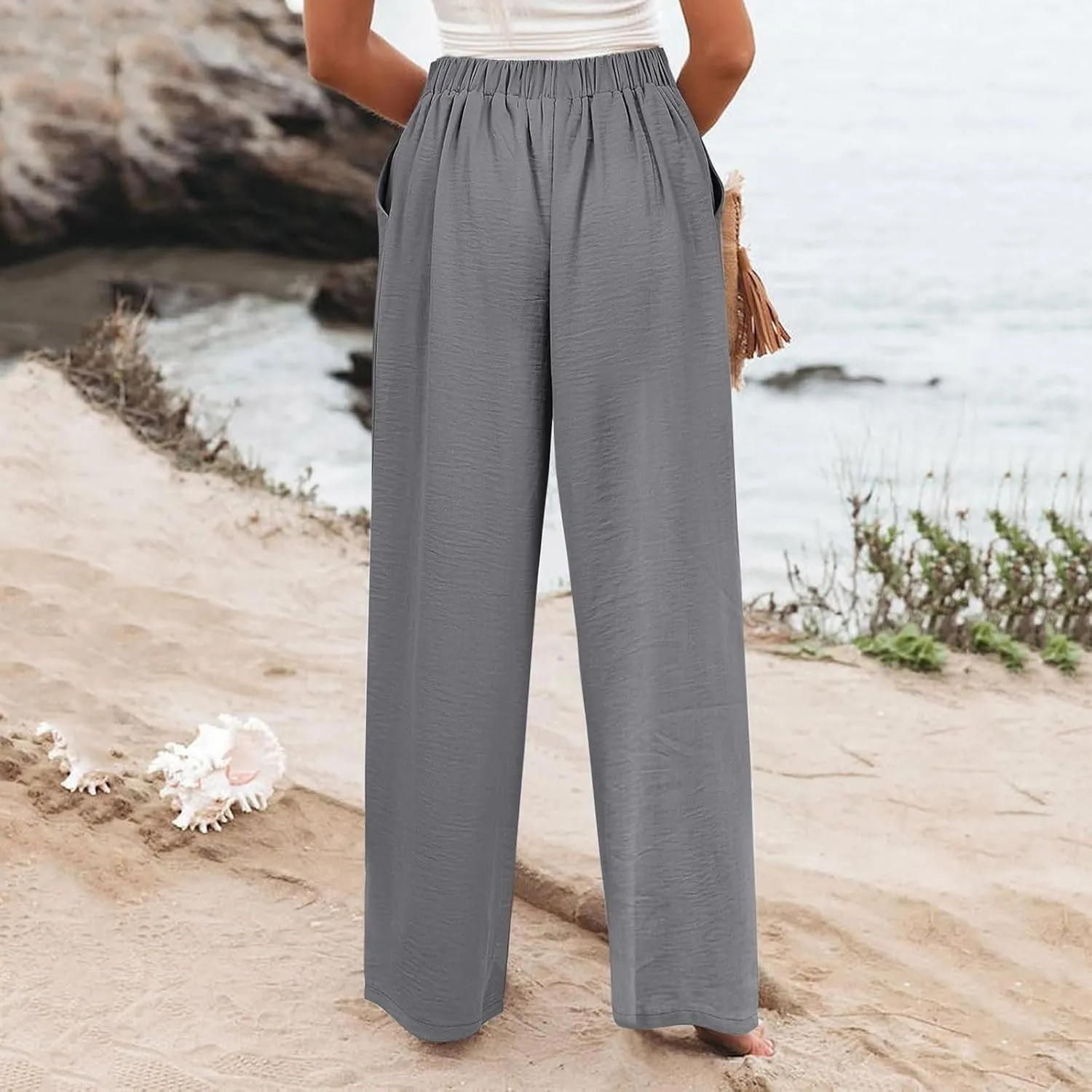 eoeioa High Waist Palazzo Pants for Women Dressy Button Business Work Pants Summer Beach Wide Leg Pants Trousers with Pockets
