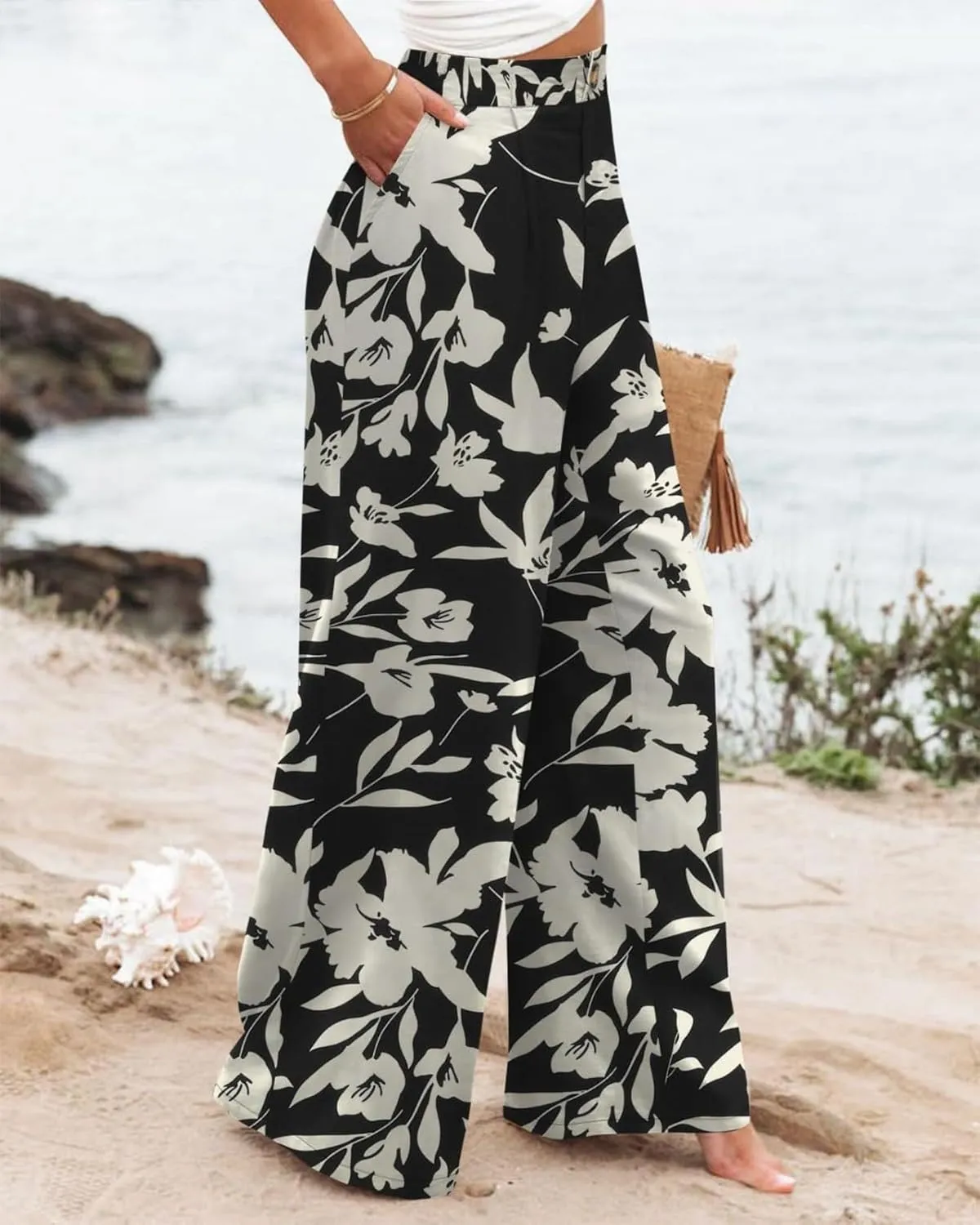 eoeioa High Waist Palazzo Pants for Women Dressy Button Business Work Pants Summer Beach Wide Leg Pants Trousers with Pockets
