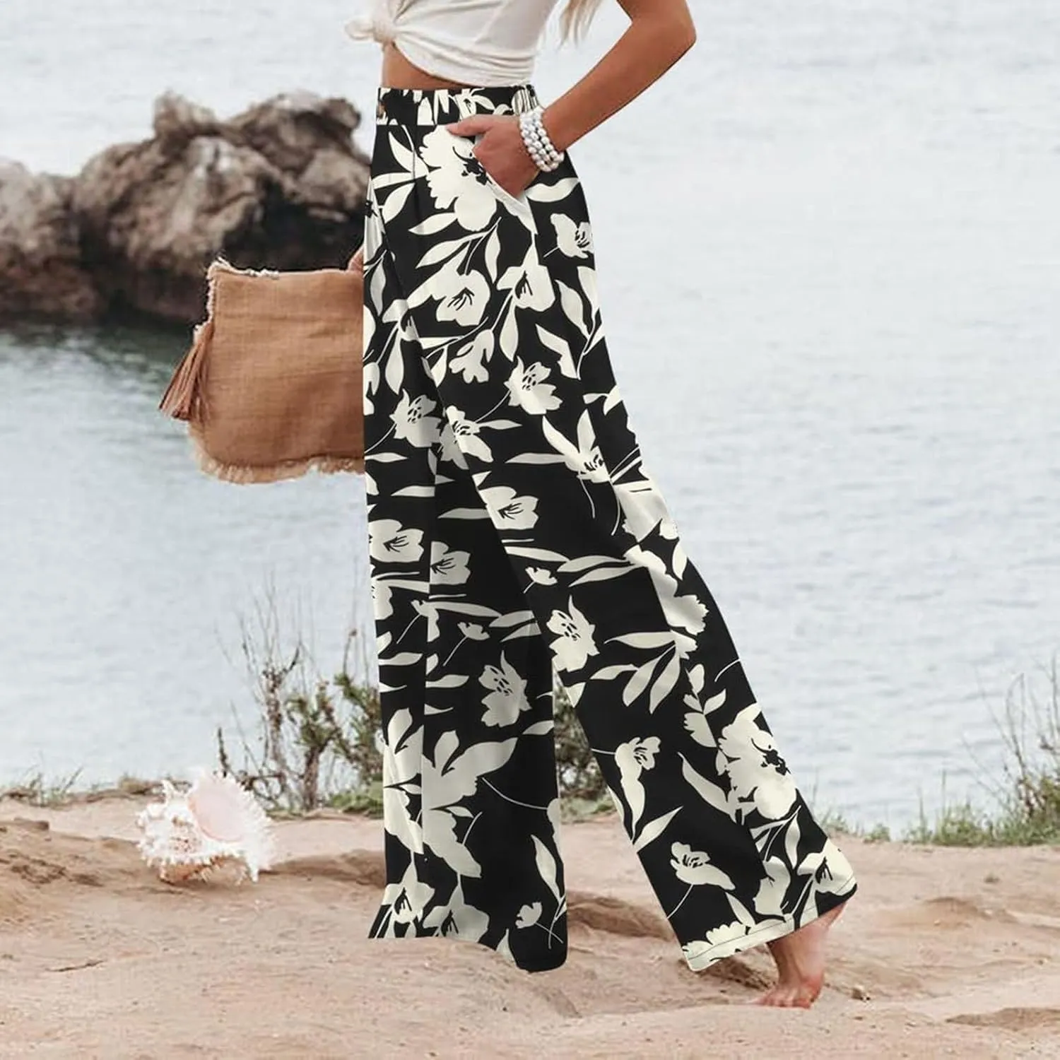 eoeioa High Waist Palazzo Pants for Women Dressy Button Business Work Pants Summer Beach Wide Leg Pants Trousers with Pockets