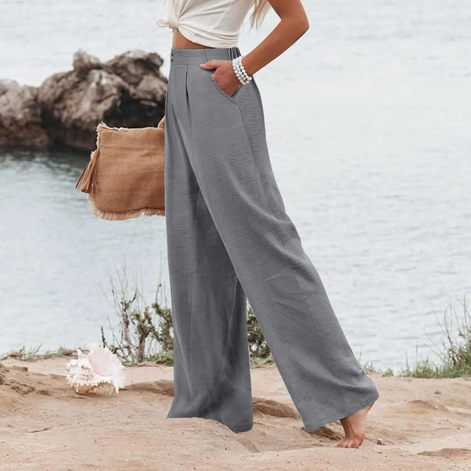 eoeioa High Waist Palazzo Pants for Women Dressy Button Business Work Pants Summer Beach Wide Leg Pants Trousers with Pockets
