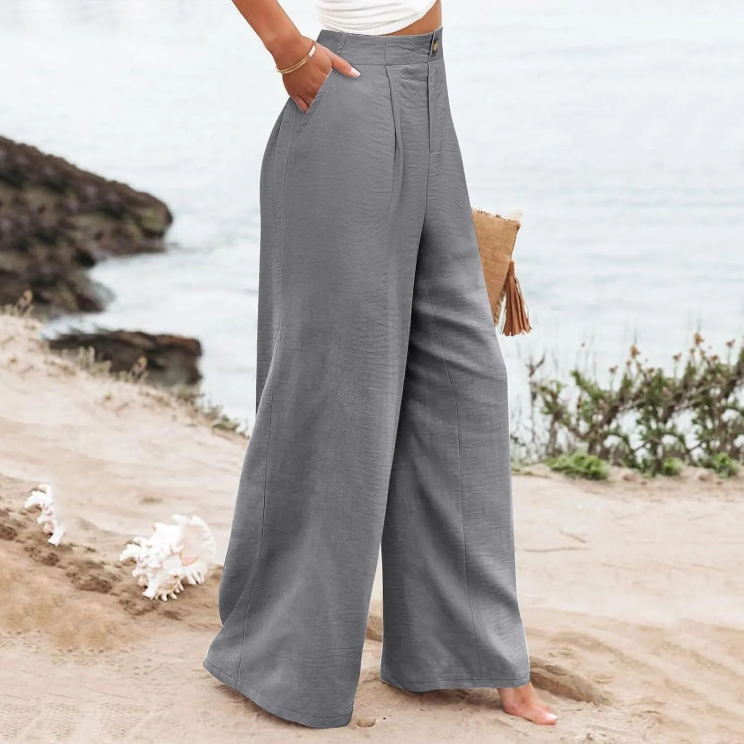 eoeioa High Waist Palazzo Pants for Women Dressy Button Business Work Pants Summer Beach Wide Leg Pants Trousers with Pockets