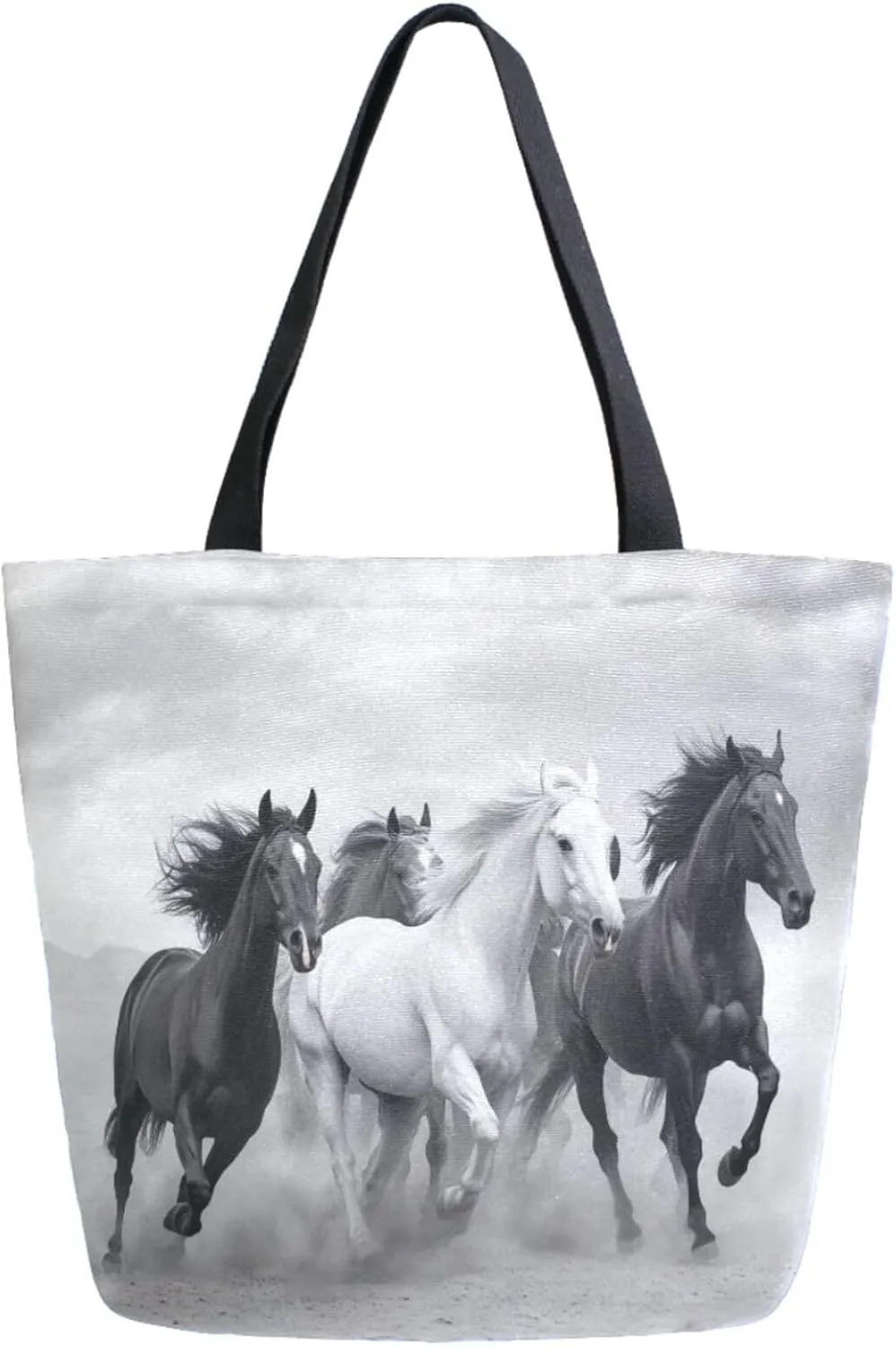 Extra Large Shoulder Grocery Tote Bag, Black White Style Running Horses Canvas Durable Daily Handle Bag Reusable for Gym Weekender Picnic Yoga Beach Travel Kitchen Market Shopping