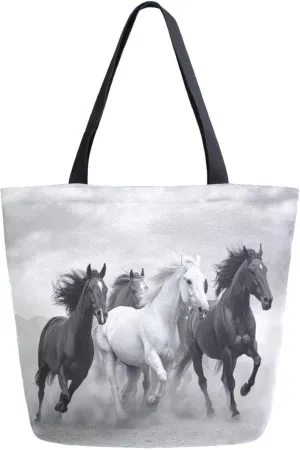 Extra Large Shoulder Grocery Tote Bag, Black White Style Running Horses Canvas Durable Daily Handle Bag Reusable for Gym Weekender Picnic Yoga Beach Travel Kitchen Market Shopping