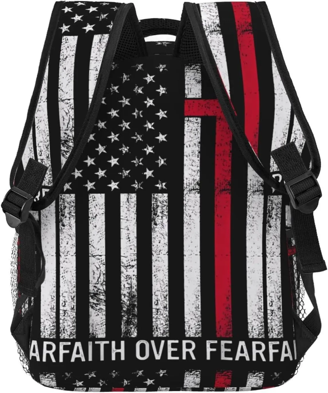 Faith Over Fear Patriotic Christian Cross American Flag Backpack Casual Pack Bag Laptop Backpack With Side Pocket Front Zipper Pocket Bookpack Travel Daypack Picnic Rucksack