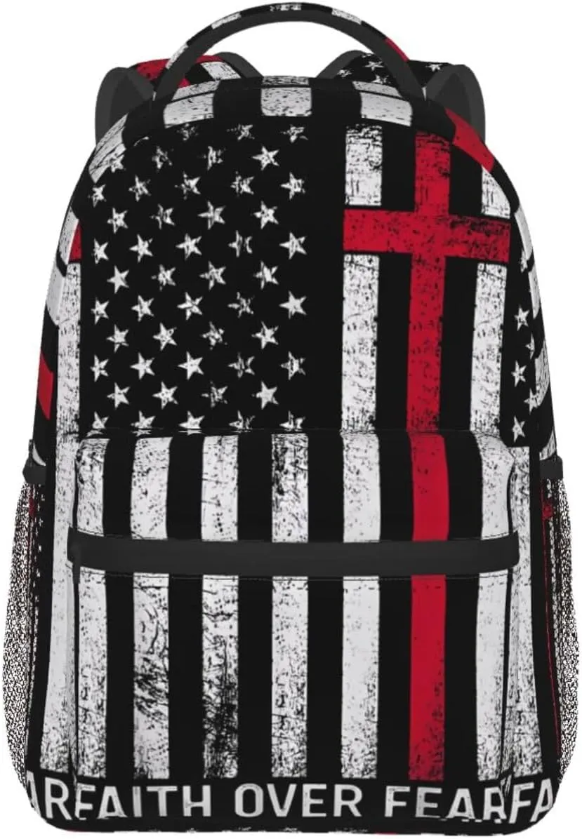 Faith Over Fear Patriotic Christian Cross American Flag Backpack Casual Pack Bag Laptop Backpack With Side Pocket Front Zipper Pocket Bookpack Travel Daypack Picnic Rucksack