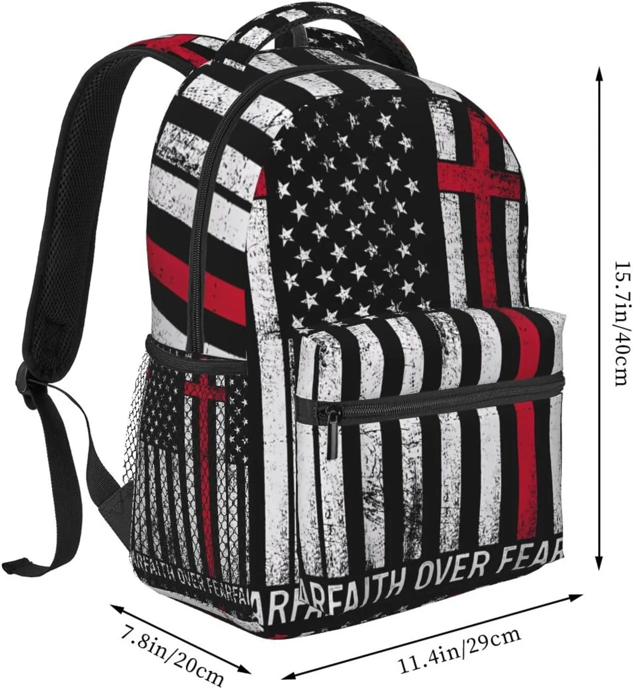Faith Over Fear Patriotic Christian Cross American Flag Backpack Casual Pack Bag Laptop Backpack With Side Pocket Front Zipper Pocket Bookpack Travel Daypack Picnic Rucksack