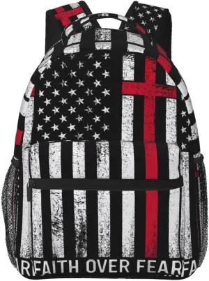 Faith Over Fear Patriotic Christian Cross American Flag Backpack Casual Pack Bag Laptop Backpack With Side Pocket Front Zipper Pocket Bookpack Travel Daypack Picnic Rucksack