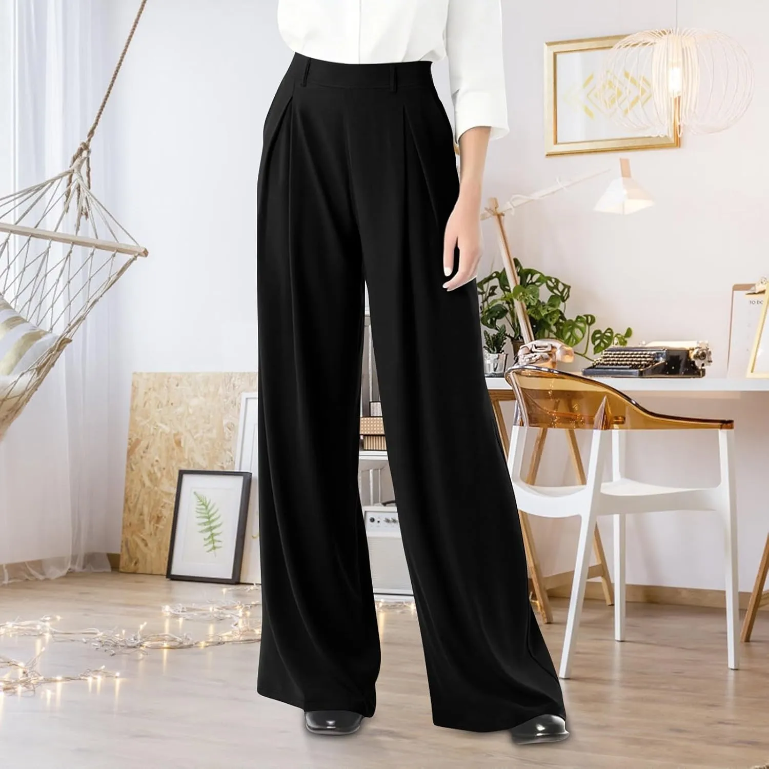 fanmpghleoo Pull On Dress Pants for Women Plus Size Wide Leg Palazzo Pants Dressy Casual Slacks Elastic High Waisted Trousers