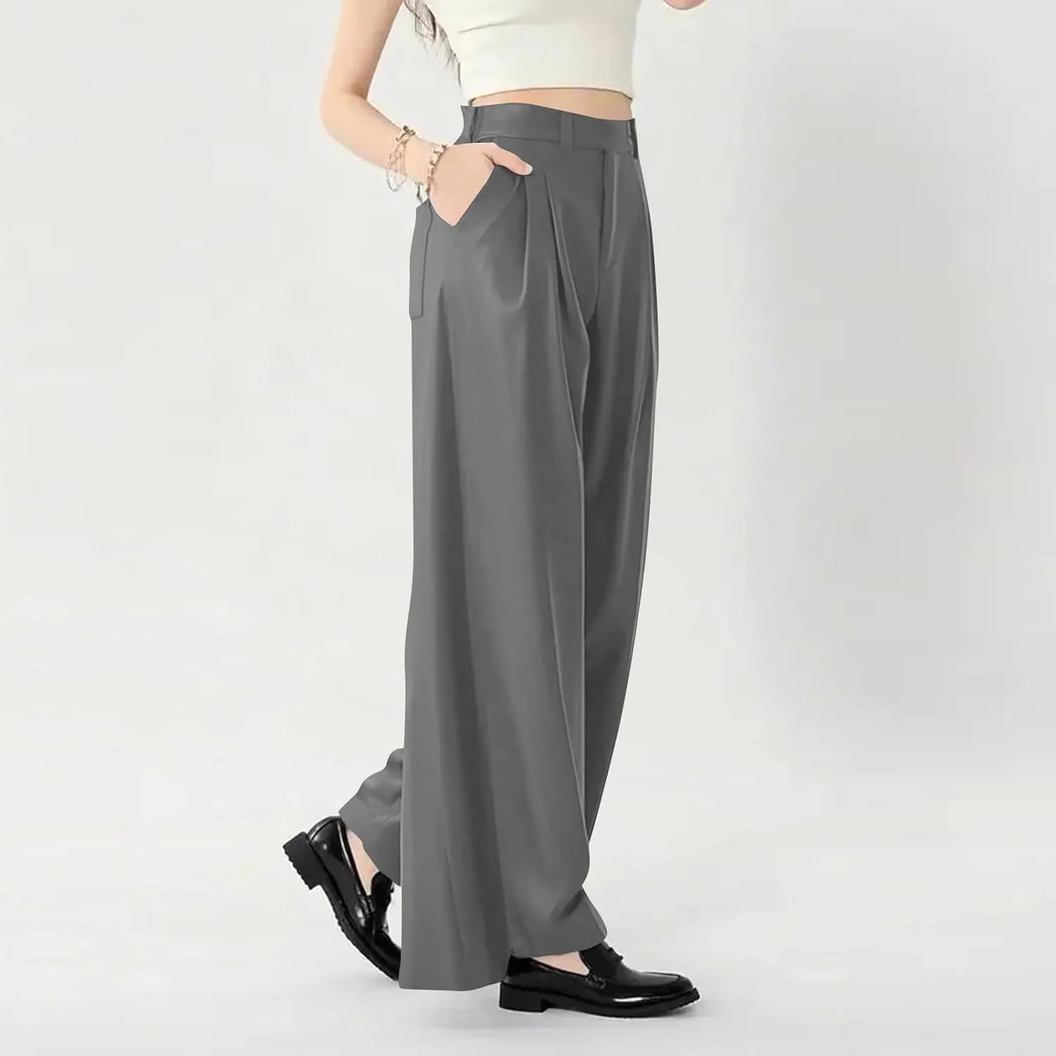 fanmpghleoo Pull On Dress Pants for Women Plus Size Wide Leg Palazzo Pants Dressy Casual Slacks Elastic High Waisted Trousers
