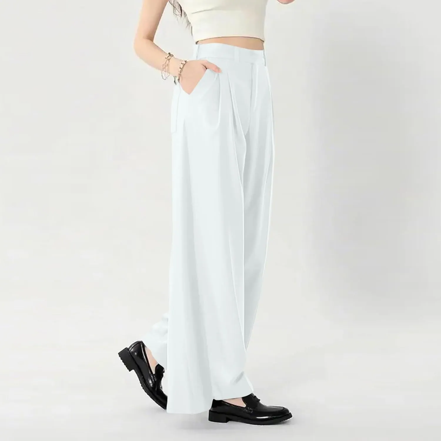 fanmpghleoo Pull On Dress Pants for Women Plus Size Wide Leg Palazzo Pants Dressy Casual Slacks Elastic High Waisted Trousers
