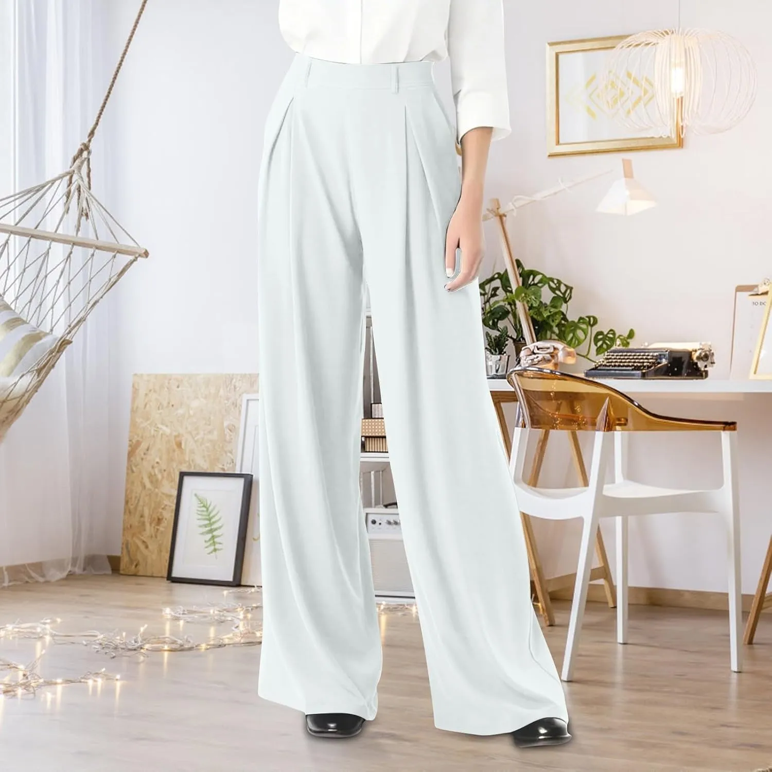 fanmpghleoo Pull On Dress Pants for Women Plus Size Wide Leg Palazzo Pants Dressy Casual Slacks Elastic High Waisted Trousers
