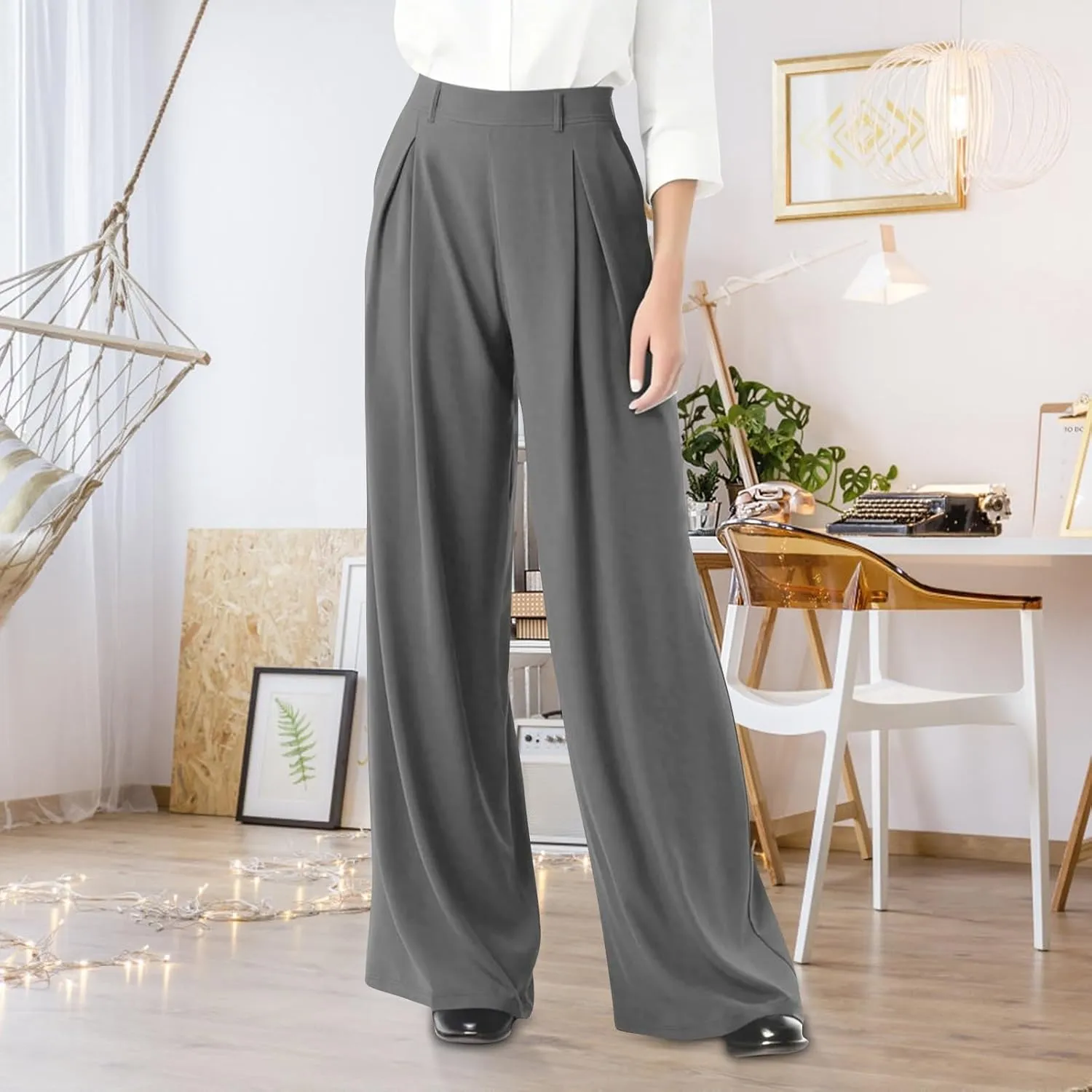 fanmpghleoo Pull On Dress Pants for Women Plus Size Wide Leg Palazzo Pants Dressy Casual Slacks Elastic High Waisted Trousers