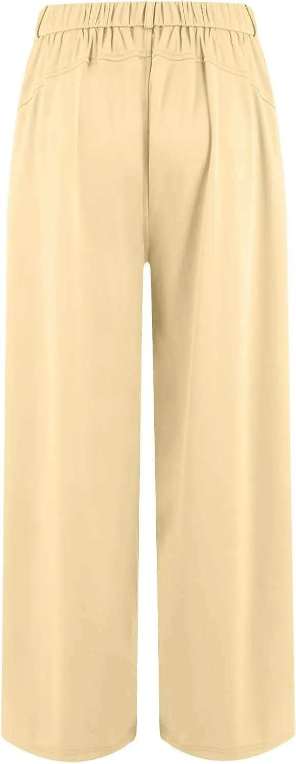 fanmpghleoo Pull On Dress Pants for Women Plus Size Wide Leg Palazzo Pants Dressy Casual Slacks Elastic High Waisted Trousers