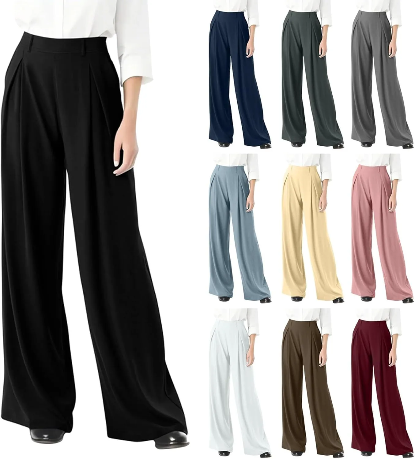 fanmpghleoo Pull On Dress Pants for Women Plus Size Wide Leg Palazzo Pants Dressy Casual Slacks Elastic High Waisted Trousers