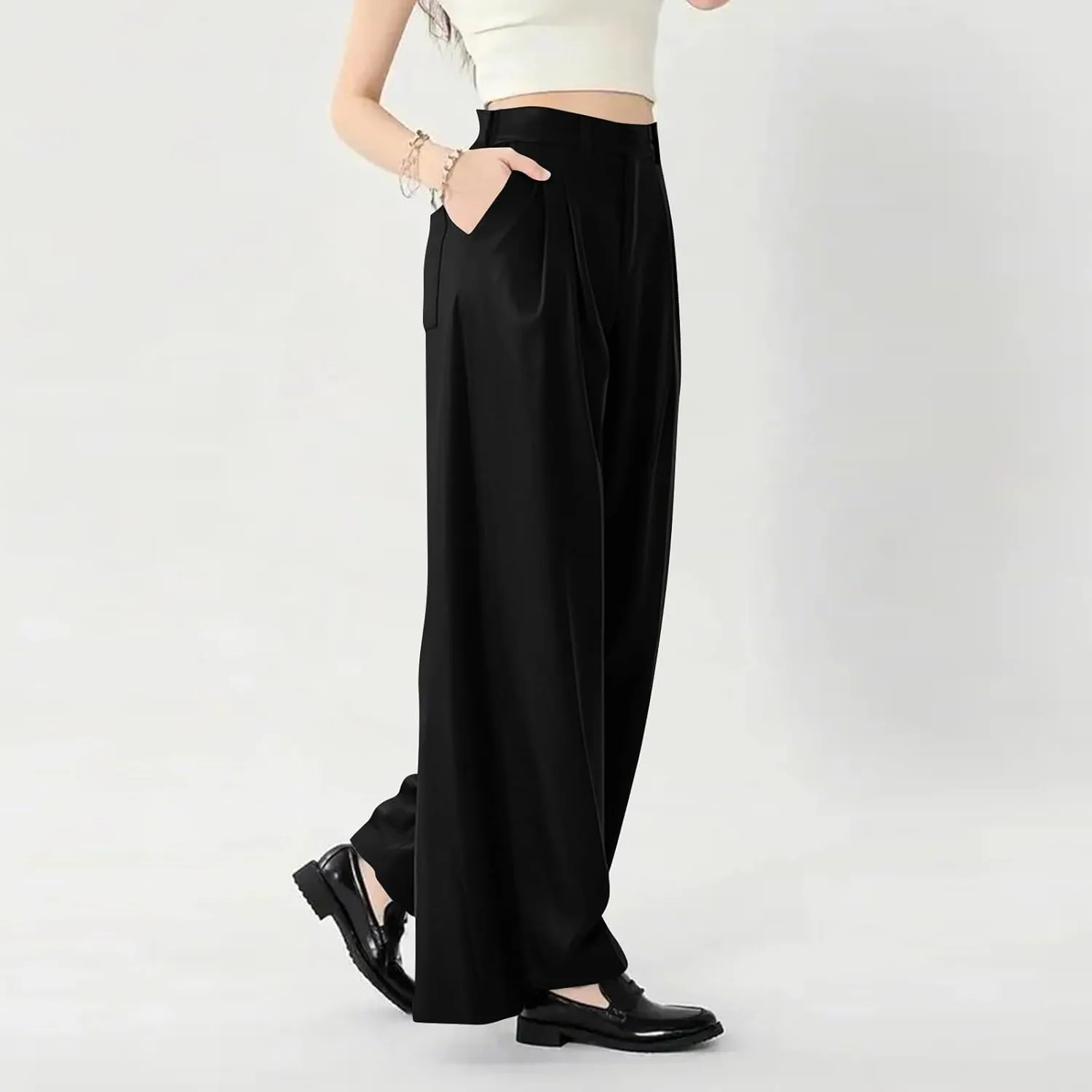 fanmpghleoo Pull On Dress Pants for Women Plus Size Wide Leg Palazzo Pants Dressy Casual Slacks Elastic High Waisted Trousers