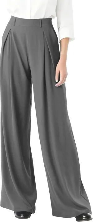 fanmpghleoo Pull On Dress Pants for Women Plus Size Wide Leg Palazzo Pants Dressy Casual Slacks Elastic High Waisted Trousers
