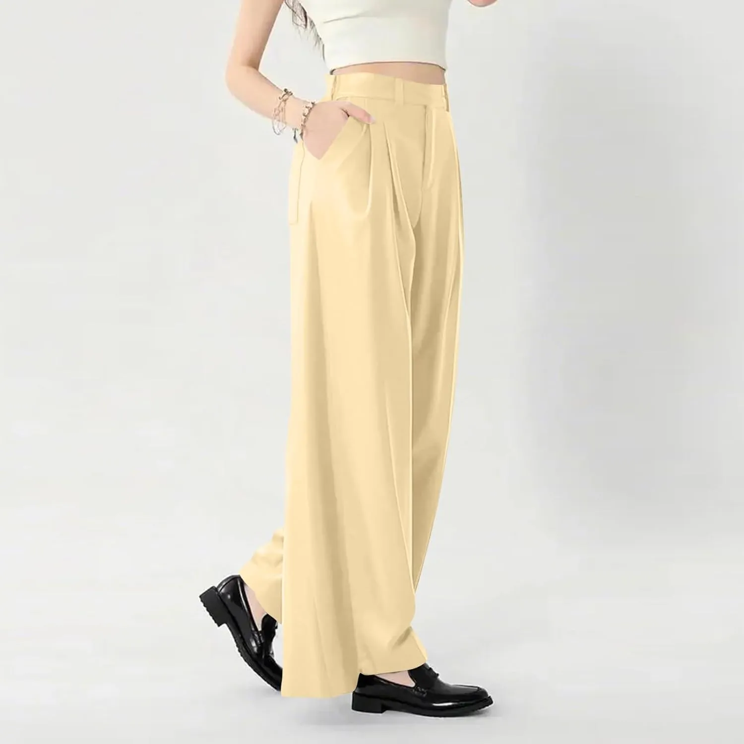 fanmpghleoo Pull On Dress Pants for Women Plus Size Wide Leg Palazzo Pants Dressy Casual Slacks Elastic High Waisted Trousers