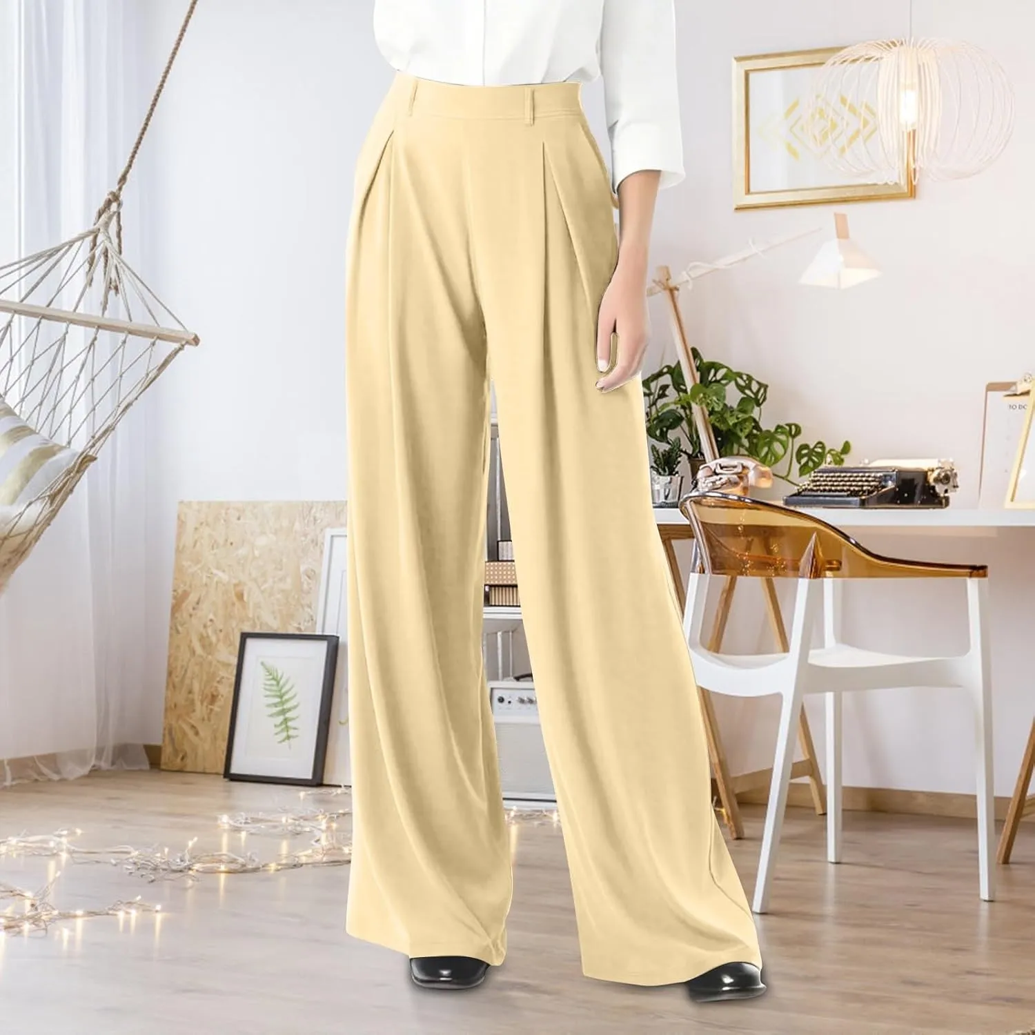 fanmpghleoo Pull On Dress Pants for Women Plus Size Wide Leg Palazzo Pants Dressy Casual Slacks Elastic High Waisted Trousers