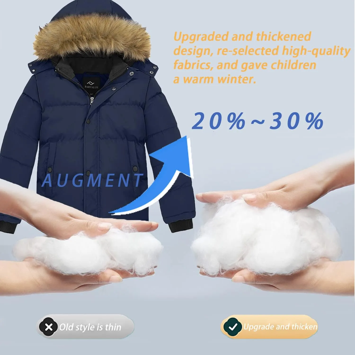 FARVALUE Boys Water Resistant Winter Coat Warm Quilted Puffer Jacket Hooded Parka Thicken Down Jacket for Boys