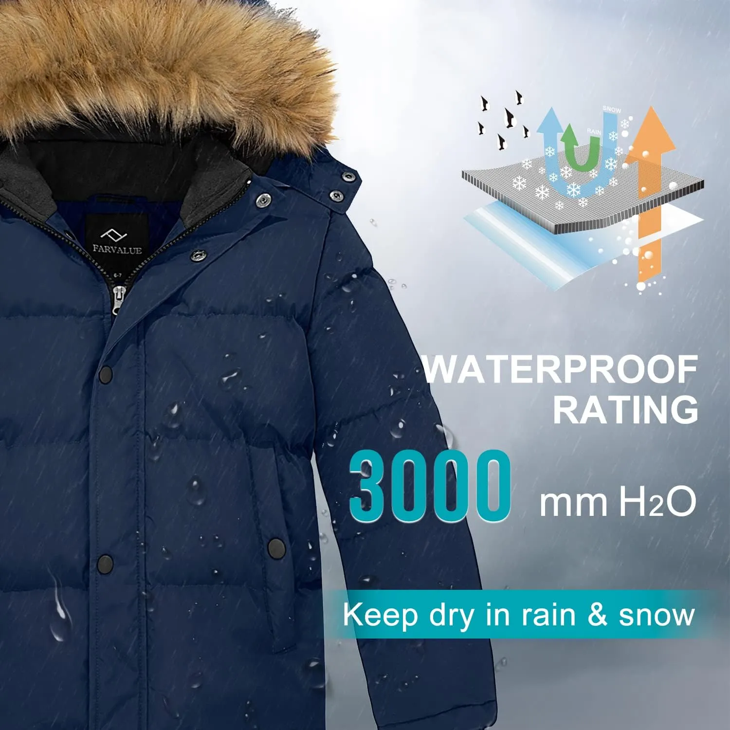 FARVALUE Boys Water Resistant Winter Coat Warm Quilted Puffer Jacket Hooded Parka Thicken Down Jacket for Boys