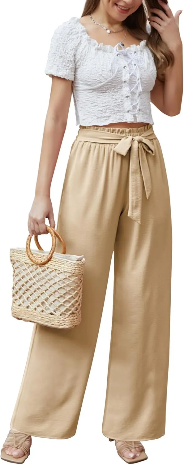 Feiersi Women Casual Wide Leg Pants High Waisted Business Work Casual Pants Loose Flowy Beach Palazzo Pants