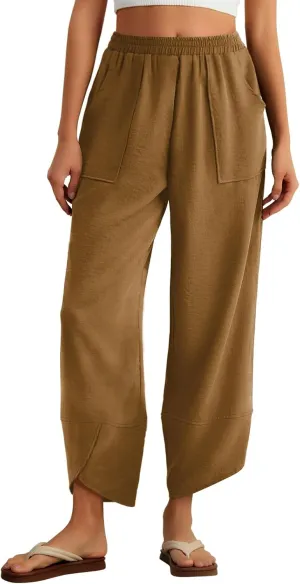Feiersi Womens Baggy Wide Leg Pants Elastic Waisted Casual Palazzo Harem Pants Summer Beach Trousers
