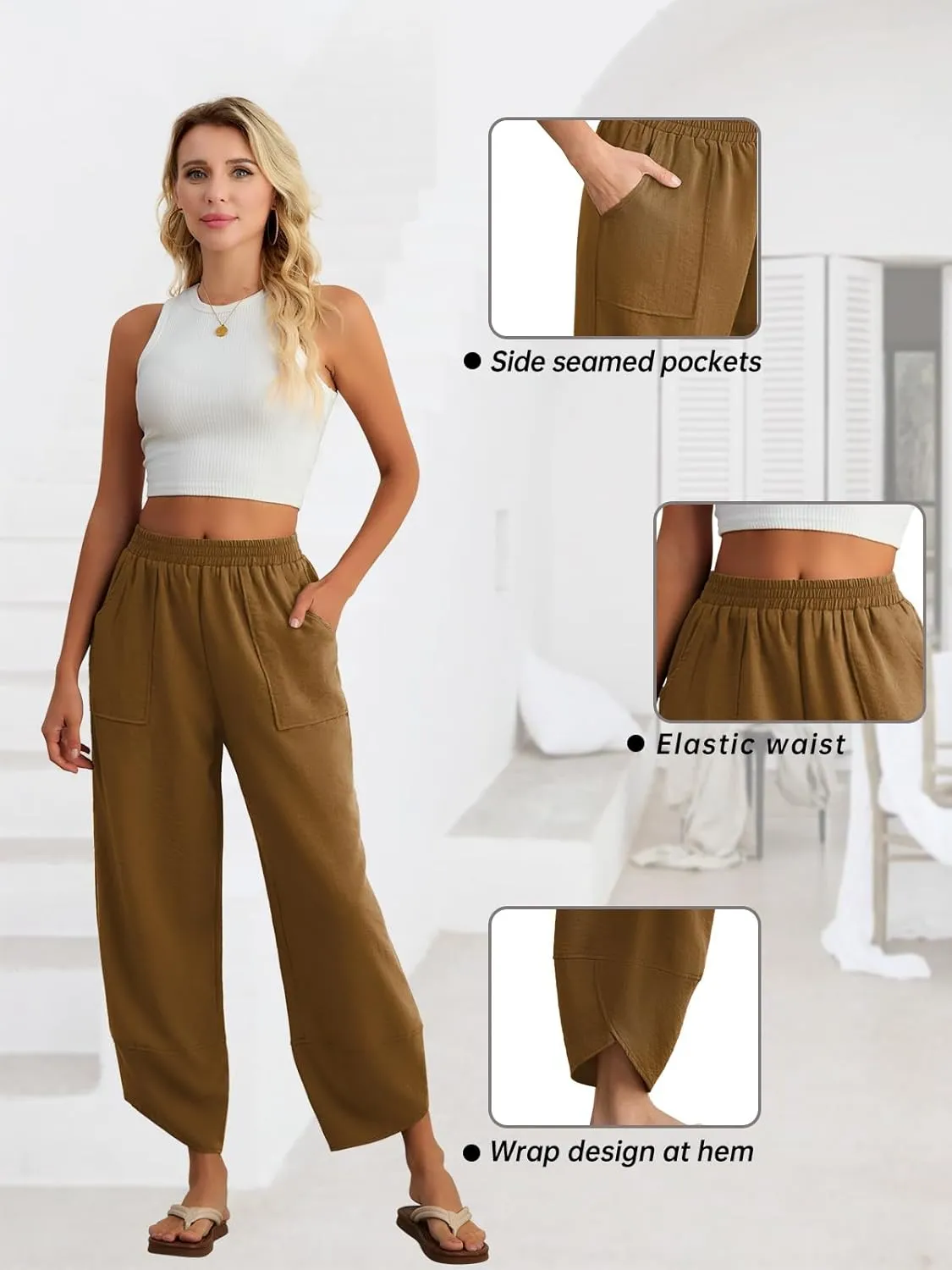 Feiersi Womens Baggy Wide Leg Pants Elastic Waisted Casual Palazzo Harem Pants Summer Beach Trousers