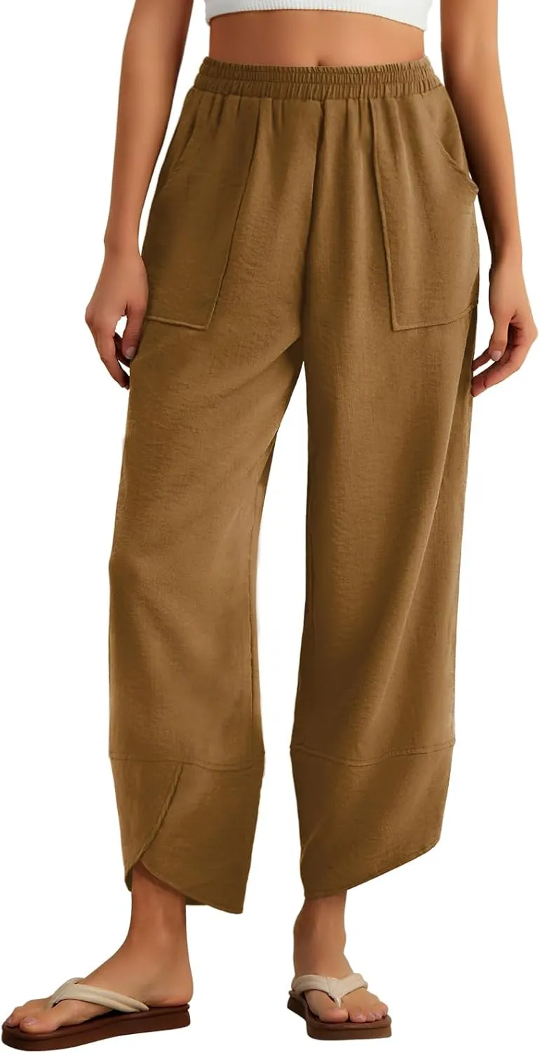 Feiersi Womens Baggy Wide Leg Pants Elastic Waisted Casual Palazzo Harem Pants Summer Beach Trousers