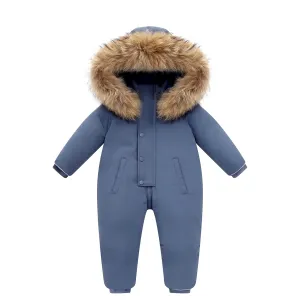 Fewlby Baby Snowsuit Infant Baby Boys Girls Romper Winter Down Jacket Hooded One-Piece Outwear Toddler Jumpsuit, Blue 15-18 Months